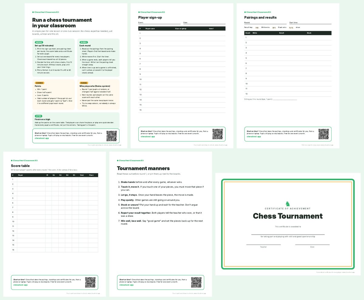 Preview of the six pages in the school chess tournament kit: teacher's guide, sign-up sheet, pairing sheet, score table, manners poster and certificate